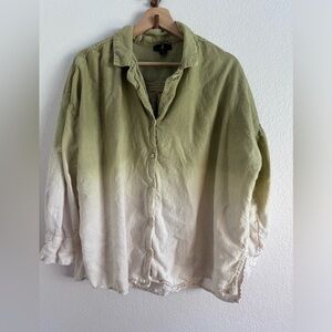 J Jason Wu Dip Dye Button Up Linen Blend-Ombre Green and Cream Blouse- Size 1X